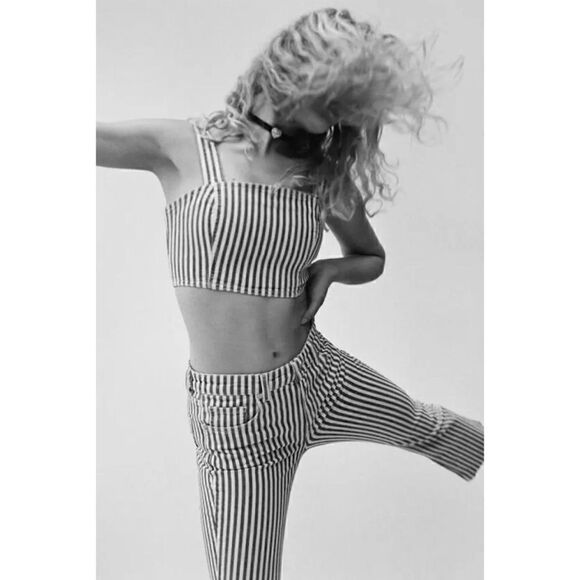 NWT Zara Blue & White Printed Striped Denim Crop Top, Size Small - Picture 5 of 15